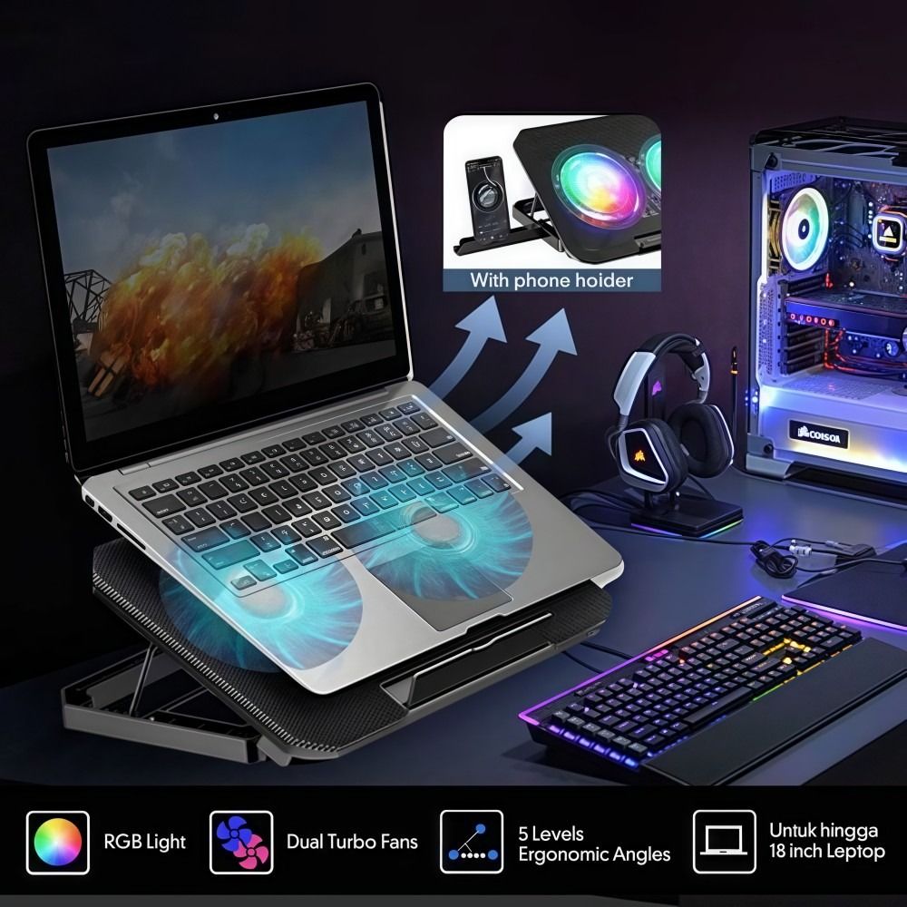 두 개의 팬이 있는 RGB 노트북 쿨러, 휴대폰 거치대 - Laptop Accessories Cooling Pad 리뷰 및 가격